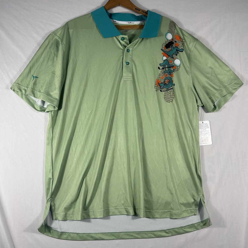 Flow Golf Society Men's Gator Golfer Loud Hawaiian Mint Green Polo Shirt Size XL